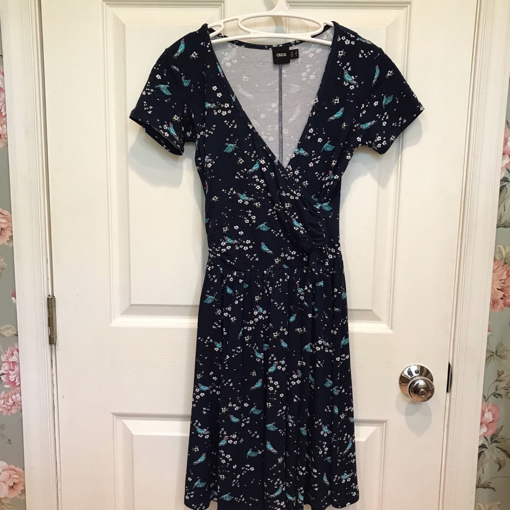 Asos navy blue floral wrap dress